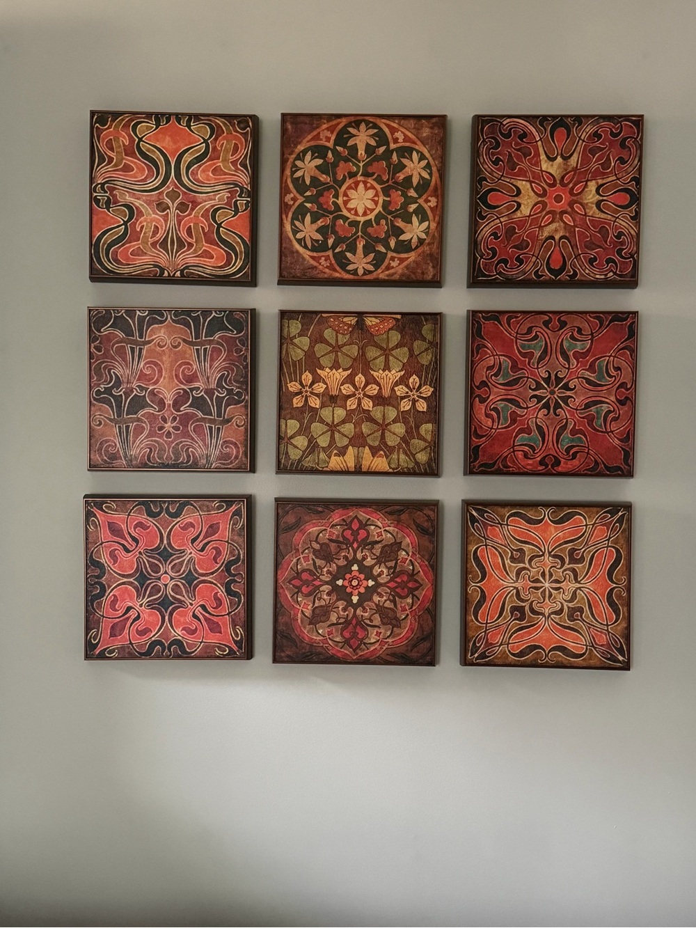 Nine-Piece Red and Orange Patterned Wall Art Set